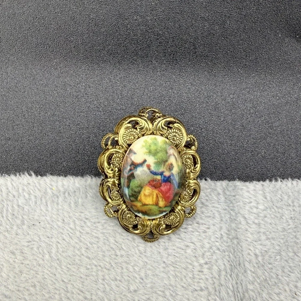 Vintage Western Germany Brooch Courting Couple Porcelain Gold Tone Filigree